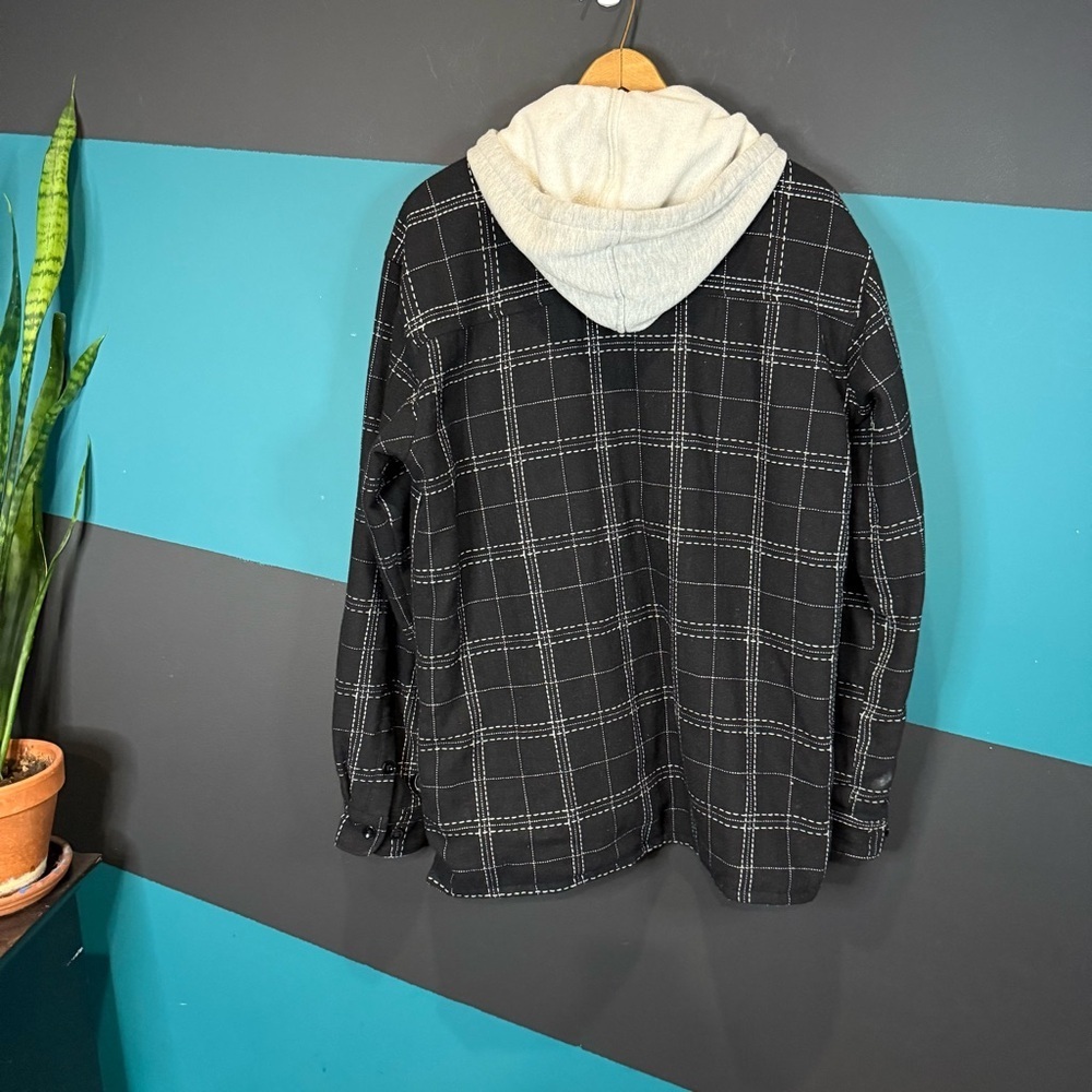 Stussy Black and White Plaid Quilted Lined Hooded Shirt Jacket Wool Cotton sz L - Picture 4 of 10
